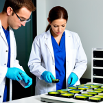 A group of environmental technicians in lab coats examining samples in a modern environmental testing laboratory. Emphasize the use of technology and equipment. The scene should reflect the increasing demand for environmental management experts and sustainable practices.