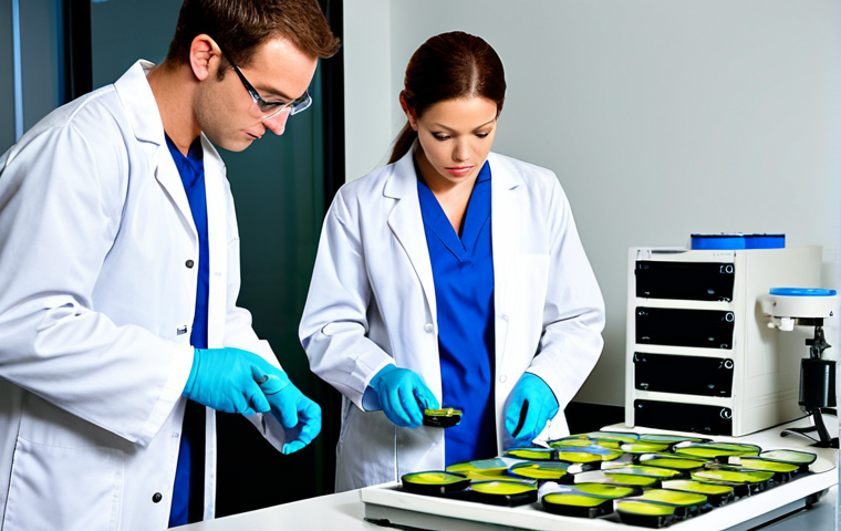 A group of environmental technicians in lab coats examining samples in a modern environmental testing laboratory. Emphasize the use of technology and equipment. The scene should reflect the increasing demand for environmental management experts and sustainable practices.