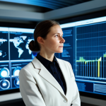 A professional female environmental engineer in a modern, brightly lit environmental monitoring center, fully clothed in a modest professional business suit. She is standing in front of large holographic displays showing intricate data visualizations of climate models and ecosystem health, interacting with the data with a serious and focused expression. The room is sleek and futuristic, showcasing advanced AI and IoT sensors. Safe for work, appropriate content, perfect anatomy, correct proportions, natural pose, well-formed hands, proper finger count, natural body proportions, professional photography, high quality, cinematic lighting.
