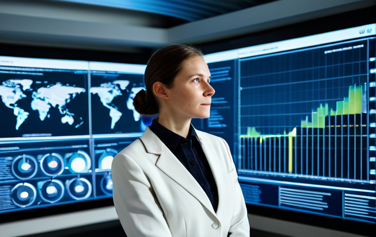 A professional female environmental engineer in a modern, brightly lit environmental monitoring center, fully clothed in a modest professional business suit. She is standing in front of large holographic displays showing intricate data visualizations of climate models and ecosystem health, interacting with the data with a serious and focused expression. The room is sleek and futuristic, showcasing advanced AI and IoT sensors. Safe for work, appropriate content, perfect anatomy, correct proportions, natural pose, well-formed hands, proper finger count, natural body proportions, professional photography, high quality, cinematic lighting.