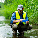 A male environmental health professional, mid-30s, wearing a practical, modest, long-sleeved field shirt, utility vest, work pants, and safety boots. He is actively collecting a water sample from a river, using a multiparameter water quality meter, with a natural pose. The background is a clean, natural riverbank with lush vegetation, under clear daylight. Professional photography, perfect anatomy, correct proportions, well-formed hands, proper finger count, natural body proportions, high quality, detailed, realistic, fully clothed, appropriate attire, safe for work, appropriate content, professional.