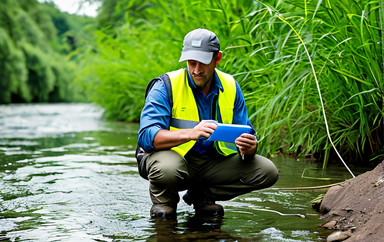 A male environmental health professional, mid-30s, wearing a practical, modest, long-sleeved field shirt, utility vest, work pants, and safety boots. He is actively collecting a water sample from a river, using a multiparameter water quality meter, with a natural pose. The background is a clean, natural riverbank with lush vegetation, under clear daylight. Professional photography, perfect anatomy, correct proportions, well-formed hands, proper finger count, natural body proportions, high quality, detailed, realistic, fully clothed, appropriate attire, safe for work, appropriate content, professional.