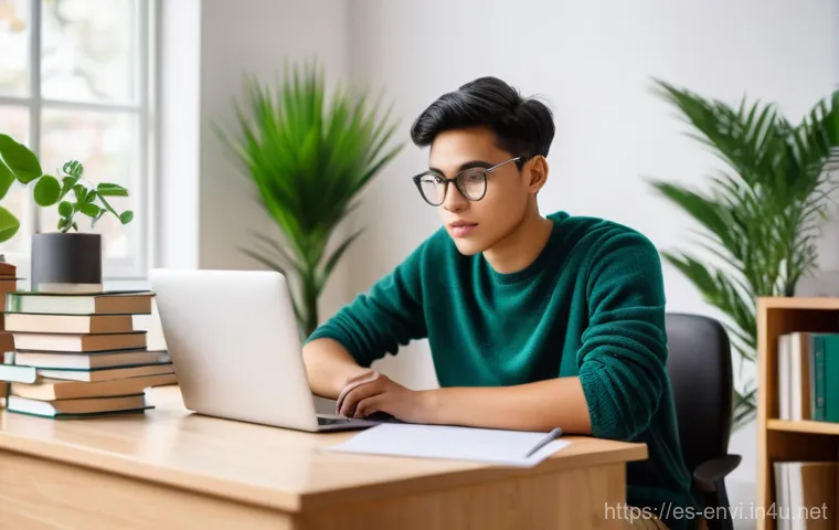 환경기술사 자격증 시험 준비 - **Prompt: A dedicated young adult, gender-neutral, is deeply focused on studying environmental legis...