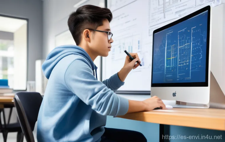 환경기술 시험 합격 경험담 - A focused young adult student, gender-neutral, wearing casual, comfortable clothing like a hoodie an...