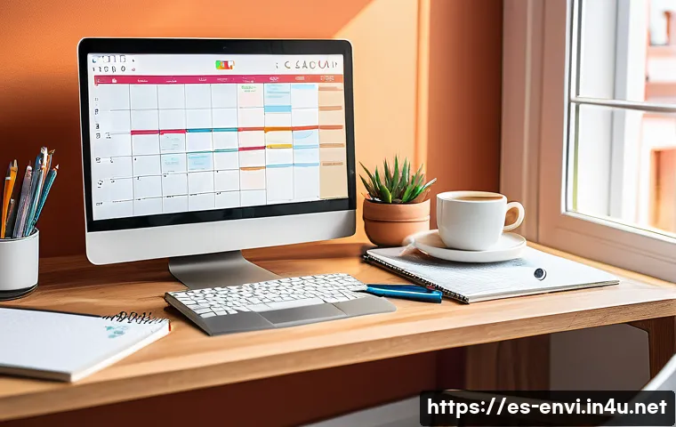 환경직 시험 준비 사례 - A well-organized study desk in a bright, cozy room with a Spanish flag on the wall, displaying a det...