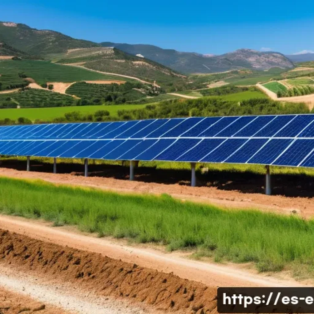 환경 직업군 전망 분석 - A vibrant, sunlit solar farm in a Spanish rural landscape, with rows of modern photovoltaic panels s...