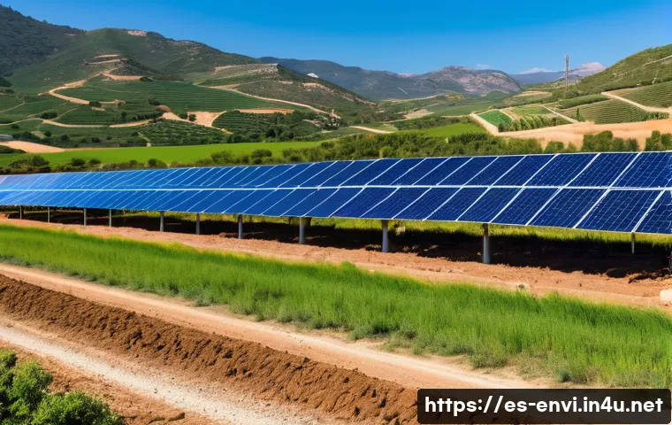 환경 직업군 전망 분석 - A vibrant, sunlit solar farm in a Spanish rural landscape, with rows of modern photovoltaic panels s...