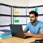 Home 18 환경공학 자격증 시험 후기 - A focused young professional environmental engineer studying at a modern home office desk filled wit...