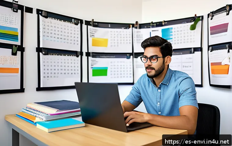 환경공학 자격증 시험 후기 - A focused young professional environmental engineer studying at a modern home office desk filled wit...