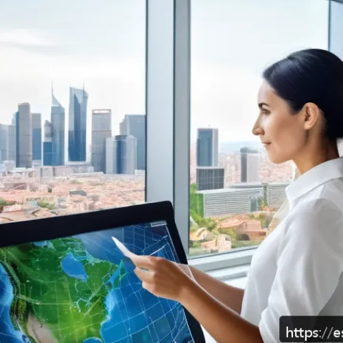 Home 17 환경직 이직 성공 사례 - A professional environmental consultant in a modern office setting, analyzing digital maps on a larg...