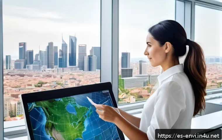 환경직 이직 성공 사례 - A professional environmental consultant in a modern office setting, analyzing digital maps on a larg...