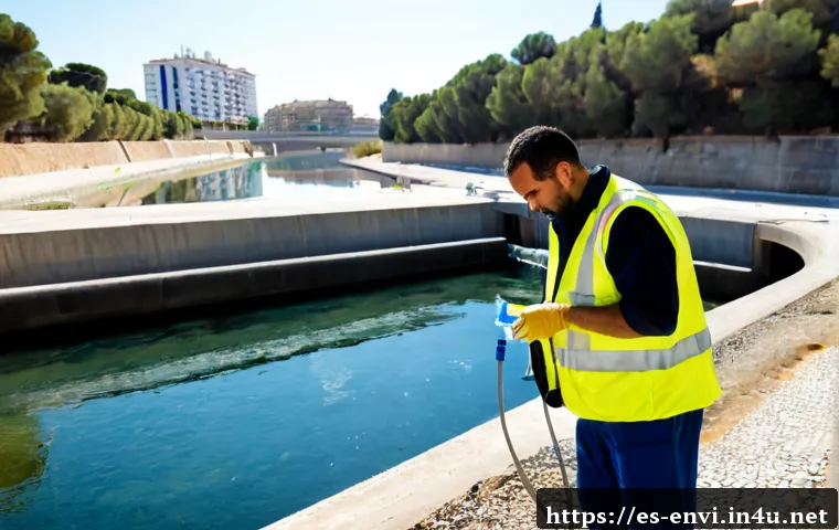 Home 17 환경공학 실무 활용 사례 - Photorealistic environmental engineer in a high-visibility vest collecting water samples beside a cl...
