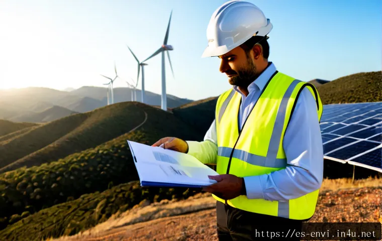 환경기술 자격증의 가치 - Photorealistic environmental engineer of Spanish heritage wearing a safety helmet and reflective ves...